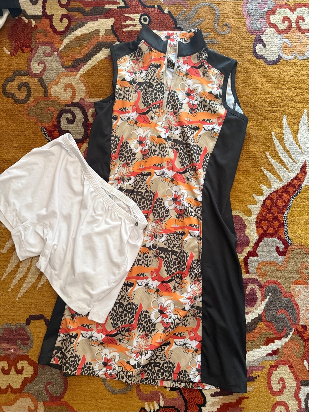 Bermuda Sands Sleeveless Printed Athletic Dress in Orange, Black & Beige M
